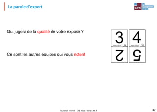 Tout droit réservé - CIPE 2015 - www.CIPE.fr
La parole d'expert
Qui jugera de la qualité de votre exposé ?
Ce sont les autres équipes qui vous notent
47
4
5
Attention : 4 est une
meilleure note que 5 !
3
2
Attention : 2 est une
meilleure note que 3 !
 