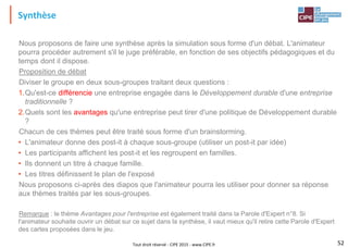 Tout droit réservé - CIPE 2015 - www.CIPE.fr
Synthèse
52
Nous proposons de faire une synthèse après la simulation sous forme d'un débat. L'animateur
pourra procéder autrement s'il le juge préférable, en fonction de ses objectifs pédagogiques et du
temps dont il dispose.
Proposition de débat
Diviser le groupe en deux sous-groupes traitant deux questions :
1.Qu'est-ce différencie une entreprise engagée dans le Développement durable d'une entreprise
traditionnelle ?
2.Quels sont les avantages qu'une entreprise peut tirer d'une politique de Développement durable
?
Chacun de ces thèmes peut être traité sous forme d'un brainstorming.
• L'animateur donne des post-it à chaque sous-groupe (utiliser un post-it par idée)
• Les participants affichent les post-it et les regroupent en familles.
• Ils donnent un titre à chaque famille.
• Les titres définissent le plan de l'exposé
Nous proposons ci-après des diapos que l'animateur pourra les utiliser pour donner sa réponse
aux thèmes traités par les sous-groupes.
Remarque : le thème Avantages pour l'entreprise est également traité dans la Parole d'Expert n°8. Si
l'animateur souhaite ouvrir un débat sur ce sujet dans la synthèse, il vaut mieux qu'il retire cette Parole d'Expert
des cartes proposées dans le jeu.
 