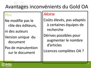 Avantages inconvénients du Gold OA
Plus
Ne modifie pas le
rôle des éditeurs,
ni des auteurs
Version unique du
document
Pas de manutention
sur le document
14
Moins
Coûts élevés, pas adaptés
à certaines équipes de
recherche
Dérives possibles pour
augmenter le nombre
d’articles
Licences complètes OA ?
 