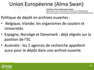Union Européenne (Alma Swan)
Politique de dépôt en archives ouvertes :
• Belgique, Irlande; les organismes de soutien et
Universités
• Espagne, Norvège et Danemark : déjà alignés sur la
position de l’EC
• Australie : les 2 agences de recherche appellent
aussi pour le dépôt dans une archive ouverte.
28
Advocacy: How to hasten open access
Nature 495, 442–443 (28 March 2013) doi:10.1038/495442a
http://www.nature.com/nature/journal/v495/n7442/full/495442a.html
 