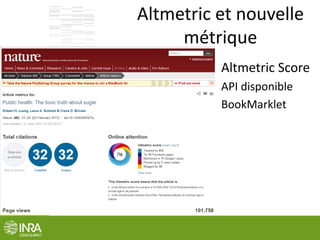 Altmetric et nouvelle
métrique
Altmetric Score
API disponible
BookMarklet
 