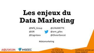 Les enjeux du
Data Marketing
Conférence animée par
Olivier DANCOT
Les enjeux du
Data Marketing
@NP6_Group
@GfK
@Cogniteev
@LFAVARETTE
@arm_gilles
@OlivierDancot
#datamarketing
 
