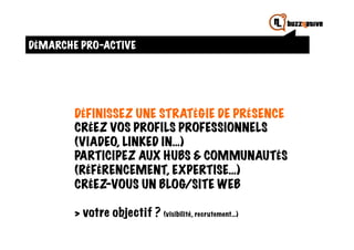 DÉMARCHE PRO-ACTIVE




        DÉFINISSEZ UNE STRATÉGIE DE PRÉSENCE
        CRÉEZ VOS PROFILS PROFESSIONNELS
        (VIADEO, LINKED IN…)
        PARTICIPEZ AUX HUBS & COMMUNAUTÉS
        (RÉFÉRENCEMENT, EXPERTISE…)
        CRÉEZ-VOUS UN BLOG/SITE WEB

        > votre objectif ? (visibilité, recrutement…)
 