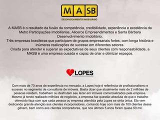 A MASB é o resultado da fusão da competência, credibilidade, experiência e excelência da
       Metro Participações Imobiliárias, Alicerce Empreendimentos e Santa Bárbara
                               Desenvolvimento Imobiliário.
Três empresas brasileiras que participam de grupos empresariais fortes, com longa história e
                 inúmeras realizações de sucesso em diferentes setores.
  Criada para atender e superar as expectativas de seus clientes com responsabilidade, a
            MASB é uma empresa ousada e capaz de criar e otimizar espaços.




   Com mais de 70 anos de experiência no mercado, a Lopes hoje é referência de profissionalismo e
   sucesso no segmento de consultoria de imóveis. Basta dizer que atualmente mais de 2 milhões de
    pessoas residem, trabalham ou desfrutam seu lazer em imóveis comercializados pela empresa.
   Mesmo já tendo realizado milhões de negócios, a empresa faz questão absoluta de que o trabalho
     oferecido faça com que cada pessoa ou empresa atendida pela Lopes se sinta única. Ela vem
 dedicando grande atenção aos clientes incorporadores, contando hoje com mais de 100 clientes desse
       gênero, bem como aos clientes compradores, que nos últimos 5 anos foram quase 50 mil.
 