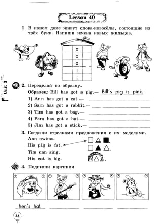 Unit 3 
•* * 
^4 *“ . .“^» . . * ^ JW . J - т - - Lesson 40 W; П4 
■r*i' irr 
1. В новом доме живут слова-новосёлы, состоящие из 
трёх букв. Напиши имена новых жильцов. 
1 L. - 
тРк: ’- 
lr • 
a 
a 
a 
4* 
•i 
•i 
2. Переделай по образцу. 
Образец: Bill has got a pig 
1) Ann has got a cat.— _ 
Bill' s pig is pink 
2) Sam has got a rabbit 
3) Tim has got a bag.— 
4) Pam has got a hat.- 
5) Jim has got a stick. 
3. Соедини стрелками предложения с их моделями. 
Ann swims. 
His pig is fat. 
Tim can sing. 
His cat is big. 
4. Подпиши картинки. 
□ A 
□ Д . 
en s hat 
36 
 