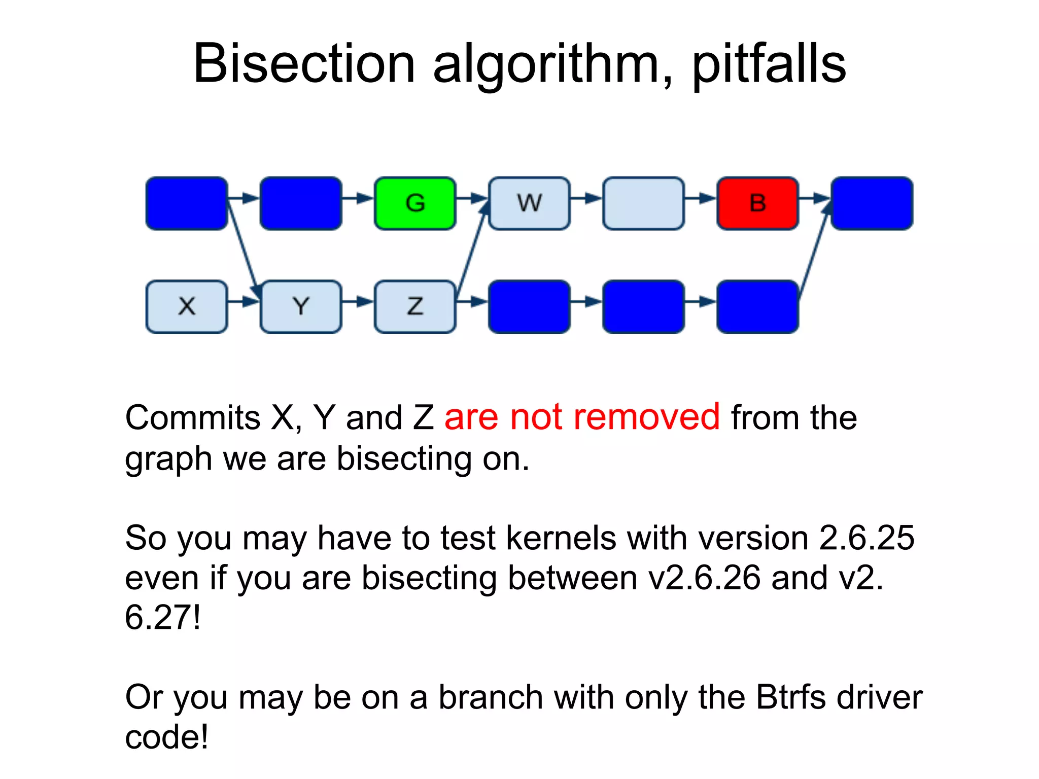 Bisection algorithm, pitfalls




Commits X, Y and Z are not removed from the
graph we are bisecting on.

So you may have to test kernels with version 2.6.25
even if you are bisecting between v2.6.26 and v2.
6.27!

Or you may be on a branch with only the Btrfs driver
code!
 