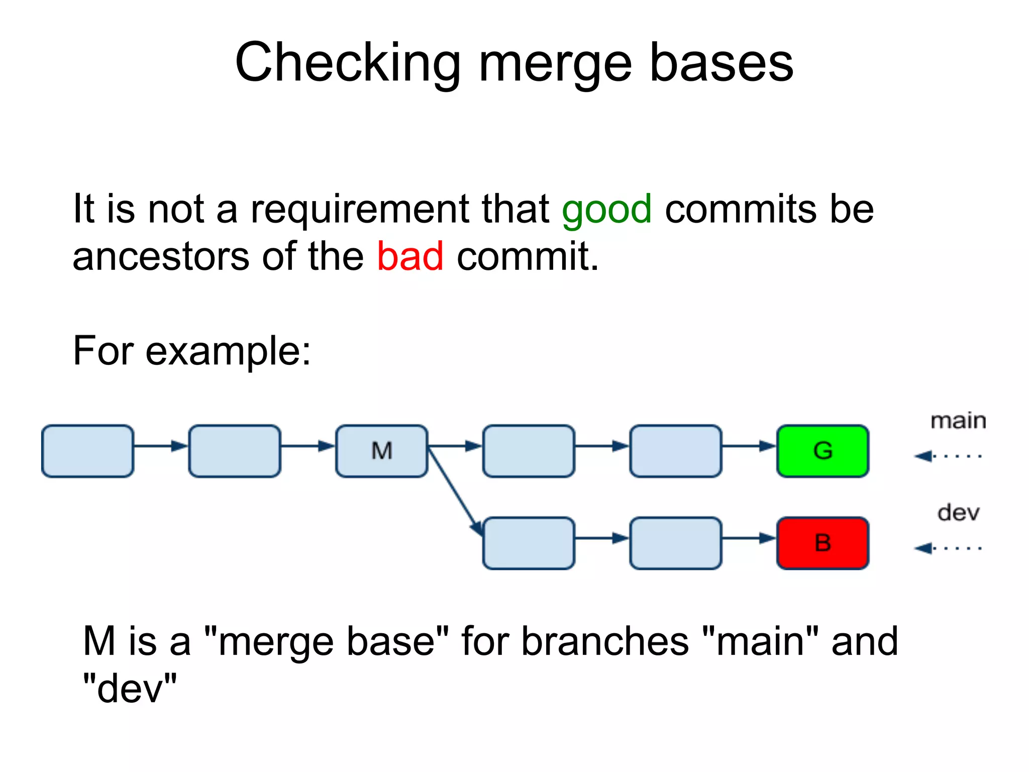 Checking merge bases

It is not a requirement that good commits be
ancestors of the bad commit.

For example:




M is a "merge base" for branches "main" and
"dev"
 