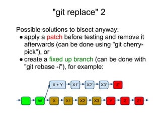 "git replace" 2
Possible solutions to bisect anyway:
 ● apply a patch before testing and remove it
   afterwards (can be d...
