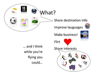 What?Share destination infoImprovelauguagesMake business!Flirt… and I thinkwhileyou’re flyingyoucould…Share interests