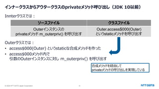 © 2024 NTT DATA Japan Corporation 30
インナークラスからアウタークラスのprivateメソッド呼び出し（JDK 10以前）
Innterクラスでは：
ソースファイル クラスファイル
Outerインスタンスの
privateメソッド m_outerpriv() を呼び出す
Outer.access$000(Outer)
というstaticメソッドを呼び出す
Outerクラスでは：
• access$000(Outer) というstaticな合成メソッドを作った
• access$000メソッド内で
引数のOuterインスタンスに対し m_outerpriv() を呼び出す
合成メソッドを経由して
privateメソッドの呼び出しを実現している
 