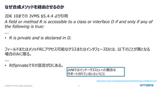 © 2024 NTT DATA Japan Corporation 31
なぜ合成メソッドを経由させるのか
JDK 10までの JVMS $5.4.4 より引用
A field or method R is accessible to a class or interface D if and only if any of
the following is true:
...
• R is private and is declared in D.
フィールドまたはメソッドRにアクセス可能なクラスまたはインタフェースDとは、以下のことが真となる
場合のみに限る。
...
• Rがprivateでその宣言がDにある。
https://docs.oracle.com/javase/specs/jvms/se9/html/jvms-5.html#jvms-5.4.4
JVMではインナークラスといった概念は
サポートされていないということ
 
