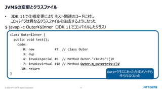 © 2024 NTT DATA Japan Corporation 34
JVMSの変更とクラスファイル
• JDK 11で仕様変更により ネスト関連のコードに対し
コンパイラは異なるクラスファイルを生成するようになった
$ javap -c Outer¥$Inner（JDK 11でコンパイルしたクラス）
class Outer$Inner {
public void test();
Code:
0: new #7 // class Outer
3: dup
4: invokespecial #9 // Method Outer."<init>":()V
7: invokevirtual #10 // Method Outer.m_outerpriv:()V
10: return
} Outerクラスにあった合成メソッドも
作られなくなった
 