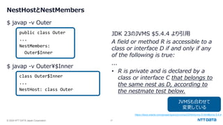 © 2024 NTT DATA Japan Corporation 37
NestHostとNestMembers
$ javap -v Outer
public class Outer
...
NestMembers:
Outer$Inner
$ javap -v Outer¥$Inner
class Outer$Inner
...
NestHost: class Outer
JVMSも合わせて
変更している
JDK 23のJVMS $5.4.4 より引用
A field or method R is accessible to a
class or interface D if and only if any
of the following is true:
...
• R is private and is declared by a
class or interface C that belongs to
the same nest as D, according to
the nestmate test below.
https://docs.oracle.com/javase/specs/jvms/se23/html/jvms-5.html#jvms-5.4.4
 