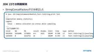 © 2024 NTT DATA Japan Corporation 58
JDK 23での問題解消
• StringConcatFactoryクラスを修正した
$ java -XX:CompileCommand=MemStat,Test::toString,print Test
...
Compilation memory statistics
Legend:
total : memory allocated via arenas while compiling
...
（以下は抜粋です）
total NA RA result #nodes limit time type method
6419424 2456608 1374856 err 2621 1024M 0.390 c2 Test::toString(()Ljava/lang/S
1243664 0 1112752 ok - 1024M 0.393 c1 Test::toString(()Ljava/lang/S
 