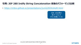 © 2024 NTT DATA Japan Corporation 60
引用: JEP 280 Indify String Concatenation 前後のパフォーマンス比較
JDK 10以降の
各バージョンで
さらに改善している
(Linux-x64, Intel(R) Xeon(R) Platinum 8358 CPU @ 2.60GHz)
• https://cl4es.github.io/presentations/jvmls2024/draft.html
 