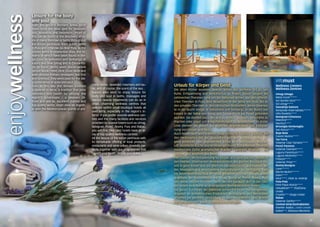 enjoywellness 
Leisure for the body 
and soul 
Even the ancient Romans knew what 
made Istria the ideal spot for pleasure, 
rest, relaxation and hedonism. Proof of 
this can be found in the discovery of ru-ins 
of many thermae or baths throughout 
the Istrian peninsula, from public baths 
in Pula and in Nezakcija near Pula, to the 
private baths in residential villas, the re-mains 
of which have been found in Ver-iga 
Cove, in Valbaldon and Barbariga, in 
Kataro Bay near Umag and in Červar-Po-rat 
by Poreč. Baths were places where 
people would meet, dine, close deals and 
even discuss military strategies, but first 
and foremost, they were used for the dai-ly 
sustenance of body and soul. 
Even to this day this Roman tradition 
is revered in Istria; a tradition that joins 
hedonism and health by utilizing the 
region’s advantages - a pleasant cli-mate 
and sea air, excellent cuisine and 
top-quality wines, virgin olive oil, togeth-er 
with the Mediterranean scents of aro- 
Urlaub für Körper und Geist 
Die alten Römer wussten, warum Istrien der perfekte Ort ist, um 
Ruhe, Entspannung und Hedonismus zu finden. Davon zeugen die 
zahlreichen Thermen rund um die Halbinsel Istrien, von den öffentli-chen 
Thermen in Pula, dem Nesactium in der Nähe von Pula, bis zu 
den privaten Thermen in den römischen Wohnvillen, deren Überres-te 
in der Bucht Verige, in Valbandon und Barbarigi, in der Bucht von 
Katoro in der Nähe von Umag und Červar-Porat bei Poreč gefunden 
wurden. Sie dienten dazu, um sich zu treffen, zu essen, Geschäfte zu 
machen oder sogar um Kriegshandlungen zu besprechen. In erster 
Linie dienten sie jedoch zur täglichen Regeneration und Entspan-nung 
von Körper und Geist. 
Auch heute noch wird in Istrien diese römische Tradition gepflegt, die 
den Hedonismus mit der Gesundheit und den Vorzögen dieser Ge-gend 
verbindet - ein angenehmes Klima, eine wohltuende Meeres-luft, 
exzellente Küche und erstklassige Weine, Extra Natives Olivenöl, 
mediterrane Düfte aromatischer Kräuter - Lavendel, Rosmarin und 
Lorbeer und vorallem das Meer... 
Den Gästen, die Entspannung für Körper und Geist suchen, stehen in 
den kleinen, charmanten Wellnesszentren der kleinen Boutique-Ho-tels 
in ganz Istrien und vor allem im Landesinneren, wohltuende Bä-der, 
Massagen und verschiedene Behandlungen zur Verfügung. Falls 
Sie lieber Wellnessurlaub am Meer genießen möchten und die vielen 
Angebote der Küstenstädte wie Umag, Novigrad, Poreč, Rovinj, Pula 
und Rabac nutzen möchten, dann werden Sie auch dort in den bes-ten 
Hotels eine Reihe an erstklassigen Wellnesscentern finden. 
Die ganze Schönheit der Halbinsel Istrien mit ihrem hervorragenden 
Angebot an einheimischen Produkten, Restaurants und Weinkellen 
schaffen die perfekte Verbindung zu den Gesundheits- und Schön-heitsprogrammen 
sowie Vitalitätsbehandlungen. 
infomust 
Wellness Centers 
Wellness-Zentren 
Umag-Umago 
Melià Coral***** 
Sol Garden Istra**** 
Sol Umag**** 
Savudrija-Salvore 
Kempinski Hotel Adriatic***** 
Villa Rosetta**** 
Novigrad-Cittanova 
Maestral**** 
Nautica**** 
Brtonigla-Verteneglio 
San Rocco**** 
Buje-Buie 
Casinò Mulino**** 
Tar-Torre 
Valamar Club Tamaris**** 
Poreč-Parenzo 
Valamar Diamant**** 
Laguna Parentium**** 
Laguna Molindrio**** 
Palazzo**** 
Valamar Pinia*** 
Rovinj-Rovigno 
Lone***** 
Monte Mulini***** 
Eden**** 
Istra****, Otok sv. Andrije 
Pula-Pola 
Park Plaza Histria**** 
Valsabbion*** (Pješčana 
Uvala) 
Croatia*** (Duga Uvala) 
Rabac 
Valamar Sanfior**** 
Central Istria/Zentralistrien 
Istarske toplice, Livade-Levade 
Kaštel***, Motovun-Montona 
matic herbs - lavender, rosemary and lau-rel, 
and of course, the scent of the sea... 
Guests who wish to enjoy leisure for 
body and soul in baths, massages and 
various beauty treatments can do so in 
small, charming wellness centres that 
operate within small boutique hotels all 
over Istria, especially in the region’s in-terior. 
If you prefer seaside wellness cen-tres 
and the many facilities and services 
provided by coastal towns such as Umag, 
Novigrad, Poreč, Rovinj, Pula and Rabac, 
you will find their best hotels have an ar-ray 
of top-quality wellness centres. 
All the beauty of the Istrian peninsula with 
its remarkable offering of local products, 
restaurants and wine cellars dovetails per-fectly 
together with spa programmes that 
benefit your health, beauty and vitality. 
28 29 
 