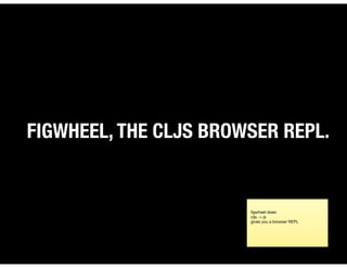 FIGWHEEL, THE CLJS BROWSER REPL.
ﬁgwheel does:

cljs -> js

gives you a browser REPL
 