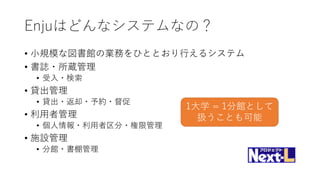 Enjuはどんなシステムなの？
• 小規模な図書館の業務をひととおり行えるシステム
• 書誌・所蔵管理
• 受入・検索
• 貸出管理
• 貸出・返却・予約・督促
• 利用者管理
• 個人情報・利用者区分・権限管理
• 施設管理
• 分館・書棚管理
1大学 = 1分館として
扱うことも可能
 