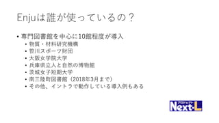 Enjuは誰が使っているの？
• 専門図書館を中心に10館程度が導入
• 物質・材料研究機構
• 笹川スポーツ財団
• 大阪女学院大学
• 兵庫県立人と自然の博物館
• 茨城女子短期大学
• 南三陸町図書館（2018年3月まで）
• その他、イントラで動作している導入例もある
 