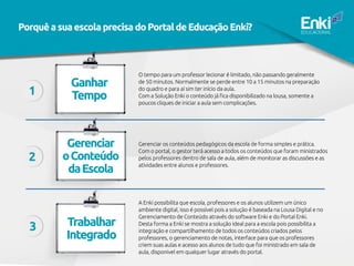 Ganhar
Tempo
Gerenciar
oConteúdo
daEscola
Trabalhar
Integrado
O tempo para um professor lecionar é limitado, não passando geralmente
de 50 minutos. Normalmente se perde entre 10 a 15 minutos na preparação
do quadro e para aí sim ter início da aula.
Com a Solução Enki o conteúdo já fica disponibilizado na lousa, somente a
poucos cliques de iniciar a aula sem complicações.
Gerenciar os conteúdos pedagógicos da escola de forma simples e prática.
Com o portal, o gestor terá acesso a todos os conteúdos que foram ministrados
pelos professores dentro de sala de aula, além de monitorar as discussões e as
atividades entre alunos e professores.
A Enki possibilita que escola, professores e os alunos utilizem um único
ambiente digital, isso é possível pois a solução é baseada na Lousa Digital e no
Gerenciamento de Conteúdo através do software Enki e do Portal Enki.
Desta forma a Enki se mostra a solução ideal para a escola pois possibilita a
integração e compartilhamento de todos os conteúdos criados pelos
professores, o gerenciamento de notas, interface para que os professores
criem suas aulas e acesso aos alunos de tudo que foi ministrado em sala de
aula, disponivel em qualquer lugar através do portal.
1
2
3
PorquêasuaescolaprecisadoPortaldeEducaçãoEnki?
 