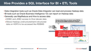 info@rittmanmead.com www.rittmanmead.com @rittmanmead
•Data integration tools such as Oracle Data Integrator can load and process Hadoop data

•BI tools such as Oracle Business Intelligence 12c can report on Hadoop data

•Generally use MapReduce and Hive to access data

‣ODBC and JDBC access to Hive tabular data

‣Allows Hadoop unstructured/semi-structured 
data on HDFS to be accessed like RDBMS
Hive Provides a SQL Interface for BI + ETL Tools
Access direct Hive or extract using ODI12c
for structured OBIEE dashboard analysis
What pages are people visiting?
Who is referring to us on Twitter?
What content has the most reach?
 