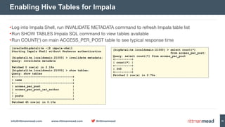 info@rittmanmead.com www.rittmanmead.com @rittmanmead 35
•Log into Impala Shell, run INVALIDATE METADATA command to refresh Impala table list

•Run SHOW TABLES Impala SQL command to view tables available

•Run COUNT(*) on main ACCESS_PER_POST table to see typical response time
Enabling Hive Tables for Impala
[oracle@bigdatalite ~]$ impala-shell
Starting Impala Shell without Kerberos authentication
[bigdatalite.localdomain:21000] > invalidate metadata;
Query: invalidate metadata
Fetched 0 row(s) in 2.18s
[bigdatalite.localdomain:21000] > show tables;
Query: show tables
+-----------------------------------+
| name |
+-----------------------------------+
| access_per_post |
| access_per_post_cat_author |
| … |
| posts |
|——————————————————————————————————-+
Fetched 45 row(s) in 0.15s
[bigdatalite.localdomain:21000] > select count(*)  
from access_per_post;
Query: select count(*) from access_per_post
+----------+
| count(*) |
+----------+
| 343 |
+----------+
Fetched 1 row(s) in 2.76s
 