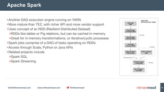 info@rittmanmead.com www.rittmanmead.com @rittmanmead 53
•Another DAG execution engine running on YARN

•More mature than TEZ, with richer API and more vendor support

•Uses concept of an RDD (Resilient Distributed Dataset)

‣RDDs like tables or Pig relations, but can be cached in-memory

‣Great for in-memory transformations, or iterative/cyclic processes

•Spark jobs comprise of a DAG of tasks operating on RDDs

•Access through Scala, Python or Java APIs

•Related projects include

‣Spark SQL

‣Spark Streaming
Apache Spark
 