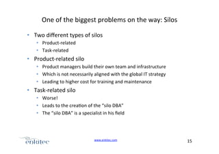 One+of+the+biggest+problems+on+the+way:+Silos+
•  Two+diﬀerent+types+of+silos+
•  ProductUrelated+
•  TaskUrelated+

•  ProductUrelated+silo+
•  Product+managers+build+their+own+team+and+infrastructure+
•  Which+is+not+necessarily+aligned+with+the+global+IT+strategy+
•  Leading+to+higher+cost+for+training+and+maintenance+

•  TaskUrelated+silo+
•  Worse!+
•  Leads+to+the+crea4on+of+the+“silo+DBA”+
•  The+“silo+DBA”+is+a+specialist+in+his+ﬁeld+

www.enkitec.com++

15+++

 