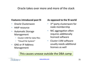 Oracle+takes+over+more+and+more+of+the+stack+

Features&introduced&past&9i&
•  Oracle+Clusterware+
•  HAIP+resource+
•  Automa4c+Storage+
Management+
•  Cluster+LVM+for+data+ﬁles+
•  “Cloud+File+System”+

•  GNS+or+IP+Address+
Management+

As&opposed&to&the&9i&world&
•  3rdUparty+clusterware+for+
node+membership+
•  NIC+aggrega4on+ogen+
requires+addi4onally+
licensed+sogware+
•  Cluster+LVM+sogware+
usually+needs+addi4onal+
licenses+as+well+

This+causes+unease+outside+the+DBA+camp+
www.enkitec.com++

21+++

 