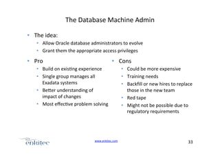 The+Database+Machine+Admin+
•  The+idea:+
•  Allow+Oracle+database+administrators+to+evolve+
•  Grant+them+the+appropriate+access+privileges+

•  Pro+

•  Cons+

•  Build+on+exis4ng+experience+
•  Single+group+manages+all+
Exadata+systems+
•  Be.er+understanding+of+
impact+of+changes+
•  Most+eﬀec4ve+problem+solving+

www.enkitec.com++

•  Could+be+more+expensive+
•  Training+needs+
•  Backﬁll+or+new+hires+to+replace+
those+in+the+new+team+
•  Red+tape+
•  Might+not+be+possible+due+to+
regulatory+requirements+

33+++

 