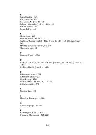 203
R
Radu, Zinaida - 266
Rău, Alexe - 88, 102
Rădulescu, M. (coord.) - 18
R}bacov, Ghenadie (red. şt.) - 162, 163
Rennie, Yotova - 280
Roşca, Petru - 156
S
Sârbu, Anca - 267
Secrieru, Cezar - 38, 50, 72, 121
Sochircă, Zinaida (alcăt.) - 162, (resp. de ed.) -162, 163, (ed. îngrij.) -
269
Steiciuc, Elena-Br}nduşa - 269, 277
Stoianova, Inga - 80
Ț
Ţurcanu, Viorica - 270
U
Untilă, Victor - 2, 4, 58, 163, 171, 172, (com. org.) – 225, 225, (coord. şt.)
- 185
Uşakova, Natalia (coord. şt.) - 188
V
Vatamaniuc, Aurel - 221
Vatamaniuc, Livia - 222
Vicol, Dragoș - 278
Visniec, Matei - 81, 185, 20, 123, 158
Vuillemin, Alain - 271
X
Xingian, Gao - 103
Z
Zhongkui, Liu (coord.) - 186
Д
Давер, Маргарита - 188
K
Кривотуров, Юрий - 192
Кушнир, Жозефина - 224, 228
 
