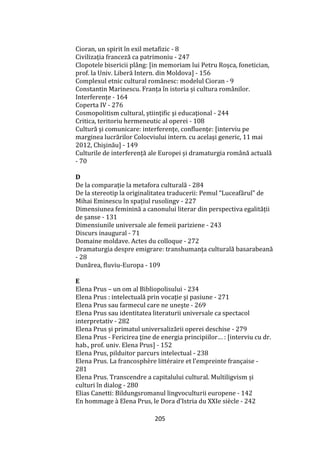 205
Cioran, un spirit în exil metafizic - 8
Civilizaţia franceză ca patrimoniu - 247
Clopotele bisericii plâng: [in memoriam lui Petru Roşca, fonetician,
prof. la Univ. Liberă Intern. din Moldova] - 156
Complexul etnic cultural românesc: modelul Cioran - 9
Constantin Marinescu. Franța în istoria și cultura rom}nilor.
Interferențe - 164
Coperta IV - 276
Cosmopolitism cultural, ştiinţific şi educaţional - 244
Critica, teritoriu hermeneutic al operei - 108
Cultură şi comunicare: interferenţe, confluenţe: [interviu pe
marginea lucrărilor Colocviului intern. cu acelaşi generic, 11 mai
2012, Chişinău] - 149
Culturile de interferență ale Europei și dramaturgia rom}nă actuală
- 70
D
De la comparație la metafora culturală - 284
De la stereotip la originalitatea traducerii: Pemul “Luceafărul” de
Mihai Eminescu în spațiul rusolingv - 227
Dimensiunea feminină a canonului literar din perspectiva egalității
de șanse - 131
Dimensiunile universale ale femeii pariziene - 243
Discurs inaugural - 71
Domaine moldave. Actes du colloque - 272
Dramaturgia despre emigrare: transhumanţa culturală basarabeană
- 28
Dunărea, fluviu-Europa - 109
E
Elena Prus – un om al Bibliopolisului - 234
Elena Prus : intelectuală prin vocaţie şi pasiune - 271
Elena Prus sau farmecul care ne uneşte - 269
Elena Prus sau identitatea literaturii universale ca spectacol
interpretativ - 282
Elena Prus și primatul universalizării operei deschise - 279
Elena Prus - Fericirea ţine de energia principiilor… : [interviu cu dr.
hab., prof. univ. Elena Prus] - 152
Elena Prus, pilduitor parcurs intelectual - 238
Elena Prus. La francosphère littéraire et l’empreinte française -
281
Elena Prus. Transcendre a capitalului cultural. Multiligvism și
culturi în dialog - 280
Elias Canetti: Bildungsromanul lingvoculturii europene - 142
En hommage { Elena Prus, le Dora d’Istria du XXIe siècle - 242
 