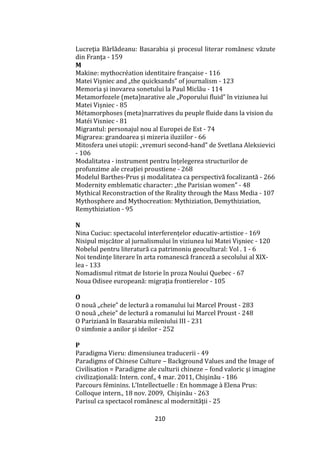 210
Lucreţia B}rlădeanu: Basarabia şi procesul literar rom}nesc văzute
din Franţa - 159
M
Makine: mythocréation identitaire française - 116
Matei Vișniec and „the quicksands” of journalism - 123
Memoria şi inovarea sonetului la Paul Miclău - 114
Metamorfozele (meta)narative ale „Poporului fluid” în viziunea lui
Matei Vișniec - 85
Métamorphoses (meta)narratives du peuple fluide dans la vision du
Matéi Visniec - 81
Migrantul: personajul nou al Europei de Est - 74
Migrarea: grandoarea și mizeria iluziilor - 66
Mitosfera unei utopii: „vremuri second-hand” de Svetlana Aleksievici
- 106
Modalitatea - instrument pentru înţelegerea structurilor de
profunzime ale creaţiei proustiene - 268
Modelul Barthes-Prus şi modalitatea ca perspectivă focalizantă - 266
Modernity emblematic character: „the Parisian women” - 48
Mythical Reconstraction of the Reality through the Mass Media - 107
Mythosphere and Mythocreation: Mythiziation, Demythiziation,
Remythiziation - 95
N
Nina Cuciuc: spectacolul interferențelor educativ-artistice - 169
Nisipul mişcător al jurnalismului în viziunea lui Matei Vişniec - 120
Nobelul pentru literatură ca patrimoniu geocultural: Vol . 1 - 6
Noi tendințe literare în arta romanescă franceză a secolului al XIX-
lea - 133
Nomadismul ritmat de Istorie în proza Noului Quebec - 67
Noua Odisee europeană: migraţia frontierelor - 105
O
O nouă ,,cheie” de lectură a romanului lui Marcel Proust - 283
O nouă „cheie” de lectură a romanului lui Marcel Proust - 248
O Pariziană în Basarabia mileniului III - 231
O simfonie a anilor şi ideilor - 252
P
Paradigma Vieru: dimensiunea traducerii - 49
Paradigms of Chinese Culture – Background Values and the Image of
Civilisation = Paradigme ale culturii chineze – fond valoric şi imagine
civilizaţională: Intern. conf., 4 mar. 2011, Chişinău - 186
Parcours féminins. L’Intellectuelle : En hommage à Elena Prus:
Colloque intern., 18 nov. 2009, Chişinău - 263
Parisul ca spectacol românesc al modernităţii - 25
 