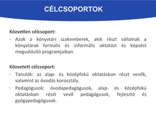 CÉLCSOPORTOK
Közvetlen célcsoport:
˗ Azok a könyvtári szakemberek, akik részt vállalnak a
könyvtárak formális és informális oktatást és képzést
megvalósító programjaiban.
Közvetett célcsoport:
˗ Tanulók: az alap- és középfokú oktatásban részt vevők,
valamint az óvodás korosztály.
˗ Pedagógusok: óvodapedagógusok, alap- és középfokú
oktatásban részt vevő pedagógusok, fejlesztő és
gyógypedagógusok.
 