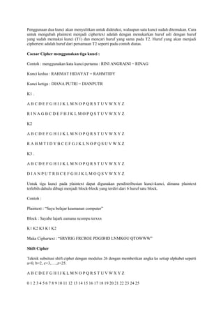 Penggunaan dua kunci akan menyulitkan untuk dideteksi, walaupun satu kunci sudah ditemukan. Cara
untuk mengubah plaintext menjadi ciphertext adalah dengan menukarkan huruf asli dengan huruf
yang sudah memakai kunci (T1) dan mencari huruf yang sama pada T2. Huruf yang akan menjadi
ciphertext adalah huruf dari persamaan T2 seperti pada contoh diatas.
Caesar Cipher menggunakan tiga kunci :
Contoh : menggunakan kata kunci pertama : RINI ANGRAINI = RINAG
Kunci kedua : RAHMAT HIDAYAT = RAHMTIDY
Kunci ketiga : DIANA PUTRI = DIANPUTR
K1 .
A B C D E F G H I J K L M N O P Q R S T U V W X Y Z
R I N A G B C D E F H J K L M O P Q S T U V W X Y Z
K2
A B C D E F G H I J K L M N O P Q R S T U V W X Y Z
R A H M T I D Y B C E F G J K L N O P Q S U V W X Z
K3 .
A B C D E F G H I J K L M N O P Q R S T U V W X Y Z
D I A N P U T R B C E F G H J K L M O Q S V W X Y Z
Untuk tiga kunci pada plaintext dapat digunakan pendistribusian kunci-kunci, dimana plaintext
terlebih dahulu dibagi menjadi block-block yang terdiri dari 6 huruf satu block.
Contoh :
Plaintext : “Saya belajar keamanan computer”
Block : Sayabe lajark eamana ncompu terxxx
K1 K2 K3 K1 K2
Maka Ciphertext : “SRYRIG FRCROE PDGDHD LNMKOU QTOWWW”
Shift Cipher
Teknik subsitusi shift cipher dengan modulus 26 dengan memberikan angka ke setiap alphabet seperti
a=0, b=2, c=3,….,z=25.
A B C D E F G H I J K L M N O P Q R S T U V W X Y Z
0 1 2 3 4 5 6 7 8 9 10 11 12 13 14 15 16 17 18 19 20 21 22 23 24 25
 