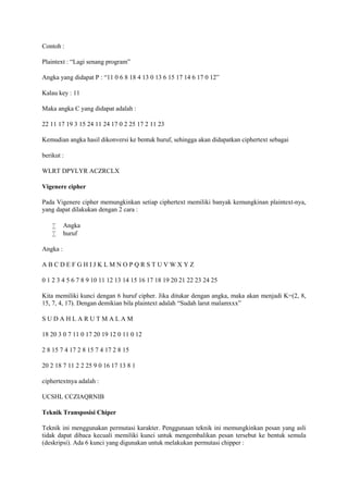Contoh :
Plaintext : “Lagi senang program”
Angka yang didapat P : “11 0 6 8 18 4 13 0 13 6 15 17 14 6 17 0 12”
Kalau key : 11
Maka angka C yang didapat adalah :
22 11 17 19 3 15 24 11 24 17 0 2 25 17 2 11 23
Kemudian angka hasil dikonversi ke bentuk huruf, sehingga akan didapatkan ciphertext sebagai
berikut :
WLRT DPYLYR ACZRCLX
Vigenere cipher
Pada Vigenere cipher memungkinkan setiap ciphertext memiliki banyak kemungkinan plaintext-nya,
yang dapat dilakukan dengan 2 cara :
 Angka
 huruf
Angka :
A B C D E F G H I J K L M N O P Q R S T U V W X Y Z
0 1 2 3 4 5 6 7 8 9 10 11 12 13 14 15 16 17 18 19 20 21 22 23 24 25
Kita memiliki kunci dengan 6 huruf cipher. Jika ditukar dengan angka, maka akan menjadi K=(2, 8,
15, 7, 4, 17). Dengan demikian bila plaintext adalah “Sudah larut malamxxx”
S U D A H L A R U T M A L A M
18 20 3 0 7 11 0 17 20 19 12 0 11 0 12
2 8 15 7 4 17 2 8 15 7 4 17 2 8 15
20 2 18 7 11 2 2 25 9 0 16 17 13 8 1
ciphertextnya adalah :
UCSHL CCZIAQRNIB
Teknik Transposisi Chiper
Teknik ini menggunakan permutasi karakter. Penggunaan teknik ini memungkinkan pesan yang asli
tidak dapat dibaca kecuali memiliki kunci untuk mengembalikan pesan tersebut ke bentuk semula
(deskripsi). Ada 6 kunci yang digunakan untuk melakukan permutasi chipper :
 