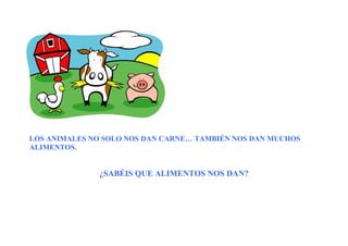 LOS ANIMALES NO SOLO NOS DAN CARNE… TAMBIÉN NOS DAN MUCHOS
ALIMENTOS.
¿SABÉIS QUE ALIMENTOS NOS DAN?