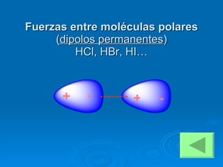 Fuerzas entre moléculas polares  ( dipolos permanentes ) HCl, HBr, HI… - + + - 
