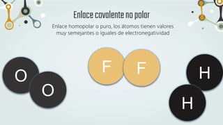 Enlace homopolar o puro, los átomos tienen valores
muy semejantes o iguales de electronegatividad
Enlacecovalentenopolar
O
O
F F H
H
 