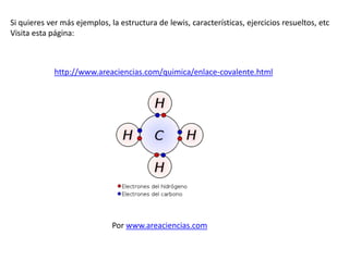 Si quieres ver más ejemplos, la estructura de lewis, características, ejercicios resueltos, etc
Visita esta página:

http://www.areaciencias.com/quimica/enlace-covalente.html

Por www.areaciencias.com

 