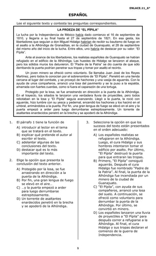 ENLACE.11_6°
1
ESPAÑOL
Lee el siguiente texto y contesta las preguntas correspondientes.
LA PROEZA DE “EL PÍPILA”
La lucha...