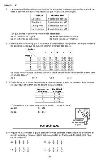 ENLACE.11_6°
28
111.La mamá de María visitó cuatro tiendas de abarrotes diferentes para saber en cuál de
ellas le convenía comprar los pastelitos que les gustan a sus hijos:
TIENDA PROMOCIÓN
La Lupita 4 pastelitos por $30
Don Cuco 2 pastelitos por $15
La esquinita 3 pastelitos por $10
La ventanita 4 pastelitos por $20
¿En qué tienda le conviene comprar los pastelitos?
A) En la tienda La Lupita. B) En la tienda de Don Cuco.
C) En la tienda La esquinita. D) En la tienda La ventanita.
112.Nancy y Héctor van a jugar a los dados y construyeron la siguiente tabla que muestra
los posibles casos que se pueden obtener al lanzar dos dados:
Dado 1
Dado 2
1 2 3 4 5 6
1 (1,1) (2,1) (3,1) (4,1) (5,1) (6,1)
2 (1,2) (2,2) (2,3) (2,4) (2,5) (2,6)
3 (1,3) (3,2) (3,3) (3,4) (3,5) (3,6)
4 (1,4) (4,2) (4,3) (4,4) (4,5) (4,6)
5 (1,5) (5,2) (5,3) (5,4) (5,5) (5,6)
6 (1,6) (6,2) (6,6) (6,4) (6,5) (6,6)
De todos los casos que se muestran en la tabla, ¿en cuántos se obtiene la misma cara
en ambos dados?
A) 3 B) 4 C) 5 D) 6
113.Emilio le ayuda a hacer las cuentas a su mamá en el puesto de tamales. Para que no
se equivoque al cobrar, ella le dejó la siguiente tabla.
Número de
tamales
Cantidad
a pagar
4 $ 48
6 $ 72
8 $ 96
10 $ 120
¿Cuánto tiene que pagar una persona si sólo compra 1 tamal?
A) $12 B) $20
C) $24 D) $44
MATEMÁTICAS
114.Miguel va a acomodar el papel cascarón en los estantes ordenándolo del que tiene el
menor tamaño al mayor. ¿Cómo debe acomodar las fracciones de papel, si lo hace
correctamente?
A)
8
3
,
8
1
,
4
2
,
4
1
B)
4
1
,
4
2
,
8
1
,
8
3
C)
4
1
,
8
1
,
4
2
,
8
3
D)
8
1
,
4
1
,
8
3
,
4
2
G
 