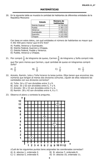 ENLACE.11_6°
5
x
y
MATEMÁTICAS
20. En la siguiente tabla se muestra la cantidad de habitantes de diferentes entidades de la
República Mexicana:
Estado
Número de
habitantes
Distrito Federal 8 720 916
Puebla 5 383 133
Veracruz 7 110 214
Guanajuato 4 893 812
Guerrero 3 115 202
Chiapas 4 293 459
Con base en estos datos, ¿en qué entidades el número de habitantes es mayor que
4 392 459 pero menor que 8 072 916?
A) Puebla, Veracruz y Guanajuato.
B) Distrito Federal, Guerrero y Chiapas.
C) Distrito Federal, Puebla y Veracruz.
D) Puebla, Veracruz y Chiapas.
21. Flor compró
4
1
de kilogramo de queso, Carmen
8
5
de kilogramo y Sofía compró más
que Flor pero menos que Carmen, ¿qué cantidad de queso en kilogramos compró
Sofía?
A)
4
3
B)
8
1
C)
8
7
D)
2
1
22. Aniceto, Ramón, Julia y Toña hicieron la tarea juntos. Ellos tienen que encontrar dos
números que tengan al menos dos divisores comunes. ¿Quién de ellos relacionó las
cantidades con sus divisores correctos?
A) Toña: 54 y 27 son divisibles entre 3 y 9.
B) Julia: 35 y 63 son divisibles entre 5, 7 y 9.
C) Aniceto: 30 y 15 son divisibles entre 3 y 6.
D) Ramón: 28 y 42 son divisibles entre 4, 6 y 7.
23. Observa el plano y contesta la pregunta.
¿Cuál de los siguientes puntos tiene asignadas las coordenadas correctas?
A) A: abscisa 1, ordenada 2. B) B: abscisa 7, ordenada 8.
C) C: abscisa 5, ordenada 9. D) D: abscisa 10, ordenada 11.
 