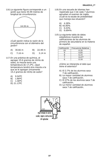 ENLACE12_7°

116. La siguiente figura corresponde a un        118. En una escuela de idiomas han
     jardín que tiene 44.99 metros de                 registrado que 3 de cada 7 alumnos
     longitud de circunferencia:                      aprueban el examen de inglés.
                                                      ¿Cuál es la escala de probabilidad
                                                      que maneja esa situación?

                                                     A) 4.28%
                                                     B) 42.85%
                                                     C) 0.43%
                                                     D) 0.004%

                                                 119. La siguiente tabla de datos
                                                      estadísticos muestra las
                                                      calificaciones de los alumnos de
    ¿Cuál opción indica la razón de la                primero de secundaria en la materia
    circunferencia con el diámetro del                de español.
    jardín?
                                                     Calificación   Frecuencia Relativa
    A)   30.66 m          B)   22.48 m                     10              0.35
    C)    7.16 m          D)     3.14 m                     9              0.05
                                                            8              0.15
117. En una práctica de química, al                         7              0.27*
     agregar 25.6 gramos de nitrito de                      6              0.18
     sodio, la mezcla tenía una
     temperatura de 17.2°C. ¿Qué                     ¿Cómo se interpreta el dato que
     temperatura tendrá otra mezcla a la             tiene el asterisco?
     que se le agregan únicamente
                                                     A) El 2.7% de los alumnos saca
     14.2 gramos de nitrito de sodio?
                                                        7 de calificación.
    A) 9.54°C                                        B) La mayor cantidad de alumnos
    B) 1.80°C                                           saca 7 de calificación.
    C) 1.48°C                                        C) El 27% de los alumnos saca 7 de
    D) 21.13°C                                          calificación.
                                                     D) La menor cantidad de alumnos
                                                        saca 7 de calificación.




                                    CGC




                                            37
 