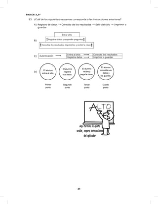 ENLACE13_6°
24
93. ¿Cuál de los siguientes esquemas corresponde a las instrucciones anteriores?
A) Registro de datos → Consulta de los resultados → Salir del sitio → Imprimir o
guardar
B)
C)
D)
Autenticación
Entra al sitio Consulta los resultados
Registra datos Imprimir o guardar
 
