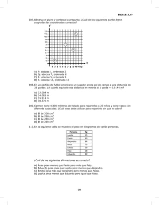 ENLACE13_6°
29
107.Observa el plano y contesta la pregunta. ¿Cuál de los siguientes puntos tiene
asignadas las coordenadas correctas?
A) P: abscisa 1, ordenada 2
B) Q: abscisa 7, ordenada 8
C) R: abscisa 5, ordenada 9
D) S: abscisa 10, ordenada 11
108.En un partido de futbol americano un jugador anota gol de campo a una distancia de
35 yardas. ¿A cuánto equivale esa distancia en metros si 1 yarda = 0.9144 m?
A) 32.004 m
B) 34.085 m
C) 35.914 m
D) 38.276 m
109.Carmen tiene 4,800 mililitros de helado para repartirlos a 20 niños y tiene vasos con
diferente capacidad. ¿Cuál vaso debe utilizar para repartirlo sin que le sobre?
A) El de 200 cm3
B) El de 220 cm3
C) El de 240 cm3
D) El de 250 cm3
110.En la siguiente tabla se muestra el peso en kilogramos de varias personas.
Persona Kg
Lupita 45
Paola 63
Alejandro 86
Rosa 70
Emilio 59
Paty 38
Eduardo 82
¿Cuál de las siguientes afirmaciones es correcta?
A) Rosa pesa menos que Paola pero más que Paty.
B) Eduardo pesa más que Lupita pero menos que Alejandro.
C) Emilio pesa más que Alejandro pero menos que Paola.
D) Lupita pesa menos que Eduardo pero igual que Rosa.
 