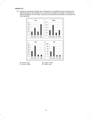 ENLACE13_6°
6
26. Analiza las siguientes gráficas que representan la cantidad de cuatro productos de
abarrotes que se han vendido en un comercio a lo largo de 4 meses. Si continúa la
misma tendencia en las ventas, ¿qué par de productos aumentarán su venta para el
mes siguiente?
A) Arroz y sal. B) Frijol y mole.
C) Arroz y frijol. D) Mole y sal.
 