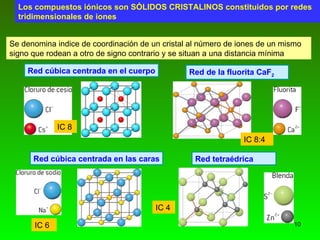 Red cúbica centrada en el cuerpo Red cúbica centrada en las caras Red tetraédrica Red de la fluorita CaF 2 Los compuestos iónicos son SÓLIDOS CRISTALINOS constituidos por redes tridimensionales de iones Se denomina indice de coordinación de un cristal al número de iones de un mismo signo que rodean a otro de signo contrario y se situan a una distancia mínima IC 8 IC 8:4 IC 6 IC 4 