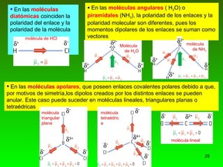 En las  moléculas  apolares , que poseen enlaces covalentes polares debido a que, por motivos de simetría,los dipolos creados por los distintos enlaces se pueden anular. Este caso puede suceder en moléculas lineales, triangulares planas o tetraédricas En las  moléculas angulares  ( H 2 O) o  piramidales  (NH 3 ), la polaridad de los enlaces y la polaridad molecular son diferentes, pues los momentos dipolares de los enlaces se suman como vectores  2 -  +  + Molécula de H 2 O En las  moléculas diatómicas  coinciden la polaridad del enlace y la polaridad de la molécula molécula de HCl  +  - molécula de NH 3  3 -  +  +  + molécula lineal  -  -  2+ molécula tetraédrica  4+  -  -  -  - molécula triangular plana  3+  -  -  - 
