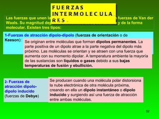 FUERZAS INTERMOLECULARES. Se originan entre moléculas que forman  dipolos permanentes . La parte positiva de un dipolo atrae a la parte negativa del dipolo más próximo. Las moléculas se orientan y se atraen con una fuerza que aumenta con su momento dipolar. A temperatura ambiente la mayoría de las sustancias son  líquidos o gases  debido a sus  bajas temperaturas de fusión y ebullición. Se producen cuando una molécula polar distorsiona la nube electrónica de otra molécula próxima, creando en ella un  dipolo instantáneo  o  dipolo inducido  y surgiendo así una fuerza de atracción entre ambas moléculas. 1-Fuerzas de atracción dipolo-dipolo  ( fuerzas de orientación  o de  Keeson ): 2-  Fuerzas de atracción dipolo-dipolo inducido   (fuerzas de  Debye ) Las fuerzas que unen las moléculas entre sí se denominan fuerzas de Van der Waals. Su magnitud depende del número de e - , del tamaño y de la forma molecular. Existen tres tipos: 